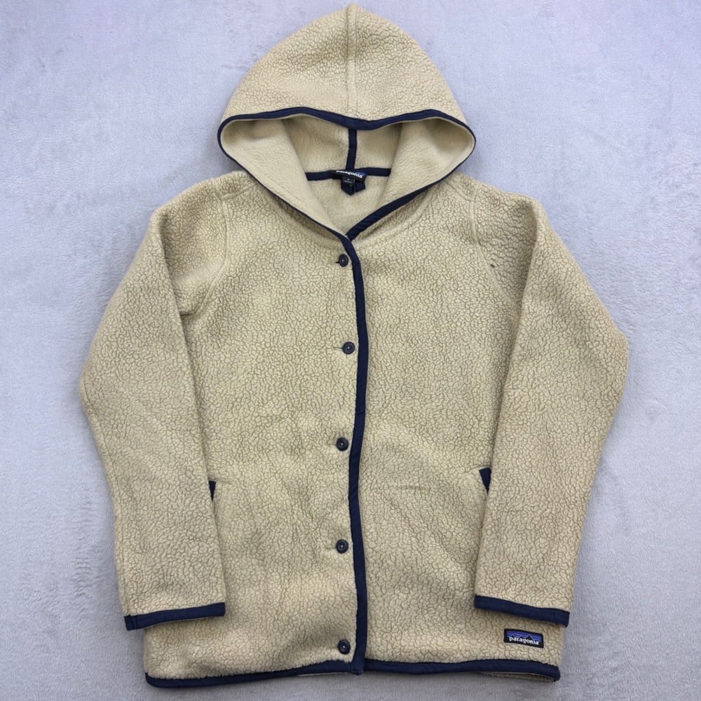 Patagonia Jacket Womens Medium Beige Shearling Fleece Cardigan Hooded Button Up